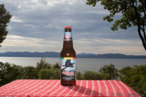 Bottle of Flyin Ryan IPA with Lake Champlain and Adirondacks in background