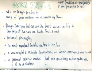 Whiteboard list of words about Core Values