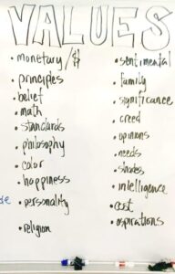 Whiteboard list of words about Values