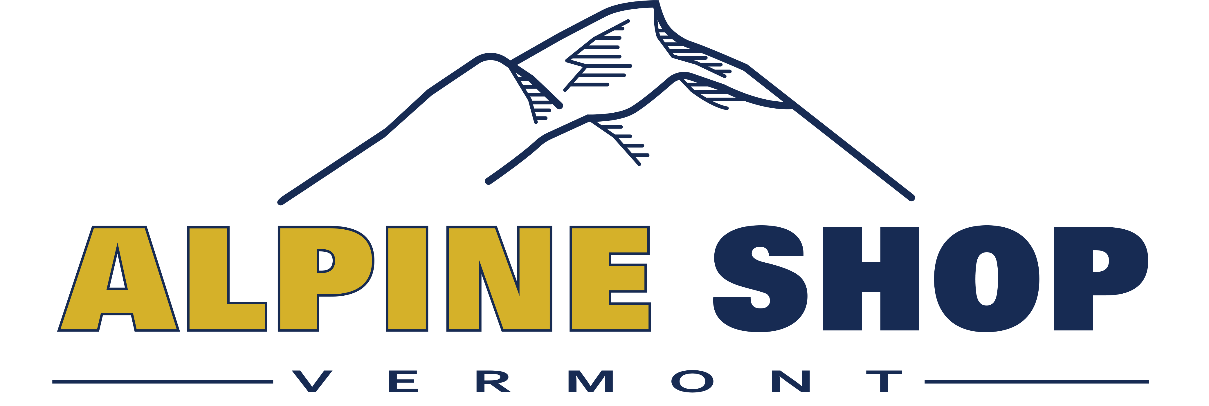 Alpine Shop logo - Mountain outline behind Alpine Shop Vermont text